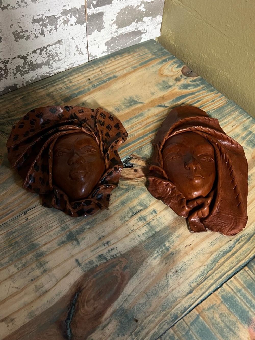 Vintage Pair of Leather Face Masks Molded Face Sculptures